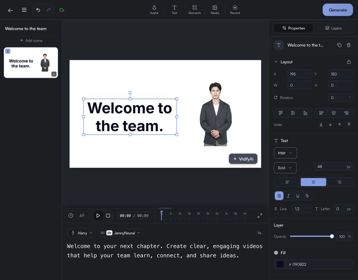 VidifyAI video editor in dark mode with a sample welcome video, Harry presenter, script, and text controls
