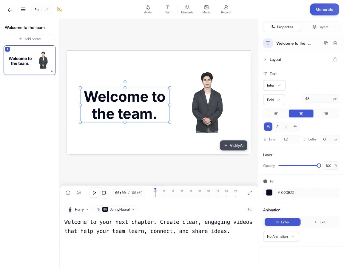 VidifyAI video editor with a sample welcome video, Harry presenter, script, timeline, and text controls